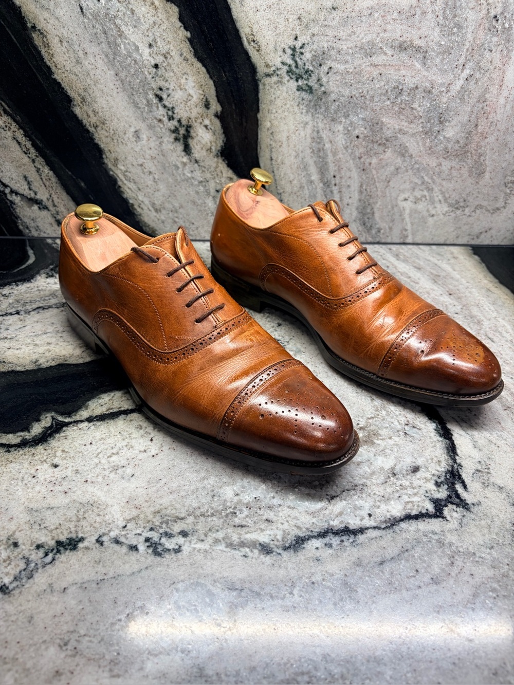 Santoni Men’s 10 Brown Leather Cap Toe Oxford Brogue Shoes Italy 9 EE